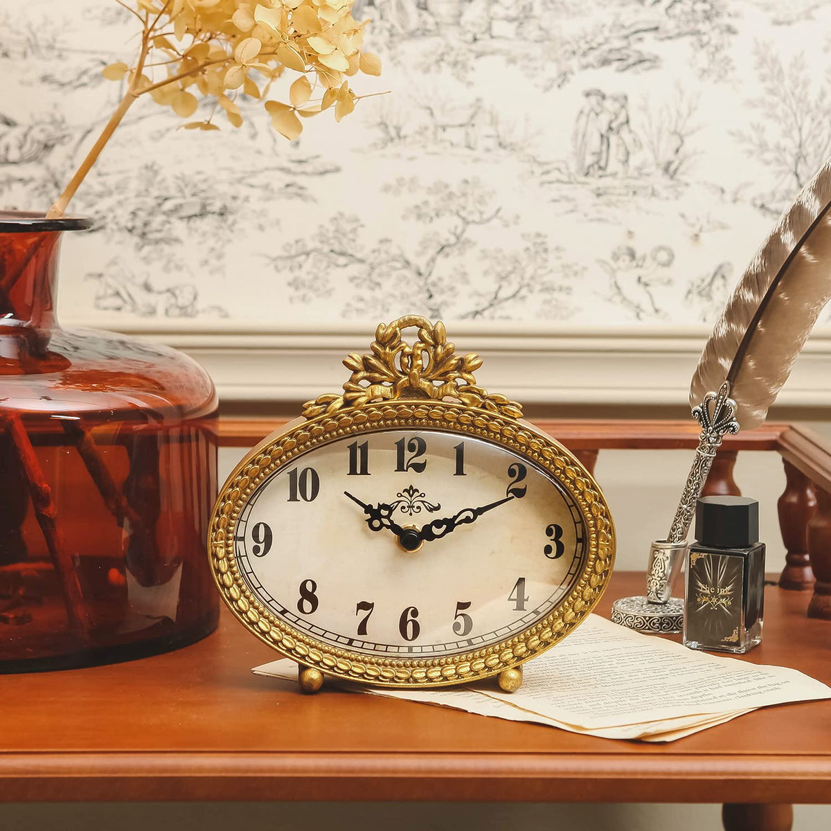 NIKKY HOME vintage tabletop clock gold dial close-up highlighting craftsmanship