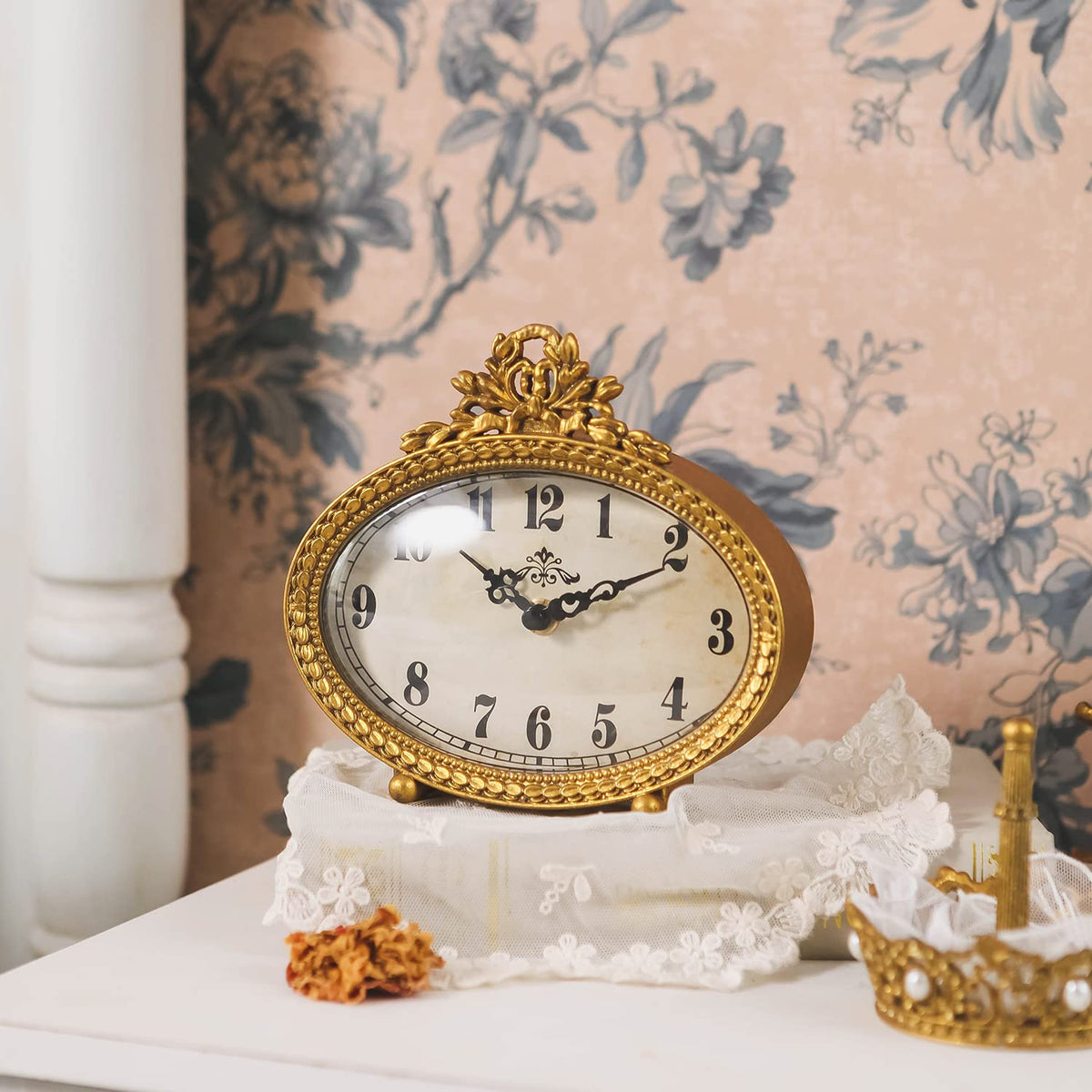 NIKKY HOME vintage tabletop clock in gold, side view showing compact footprint