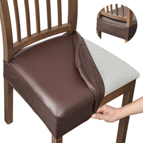NILUOH PU leather dining chair seat cover in coffee, front view, protects from spills.