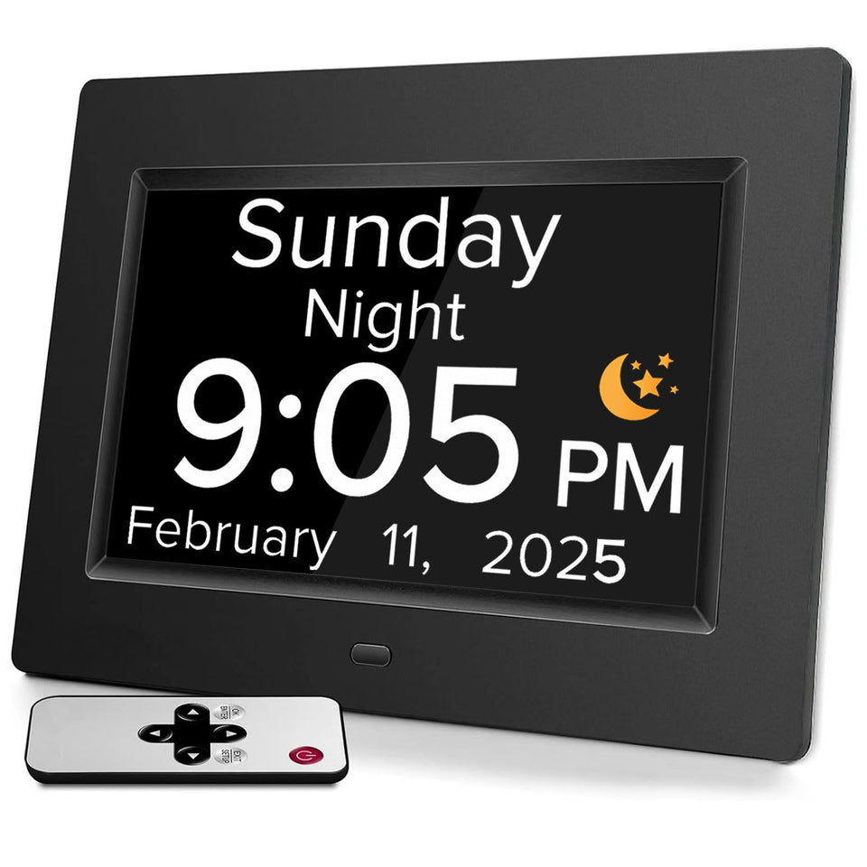 Nimukol digital alarm clock front view with large, easy-to-read display for seniors.