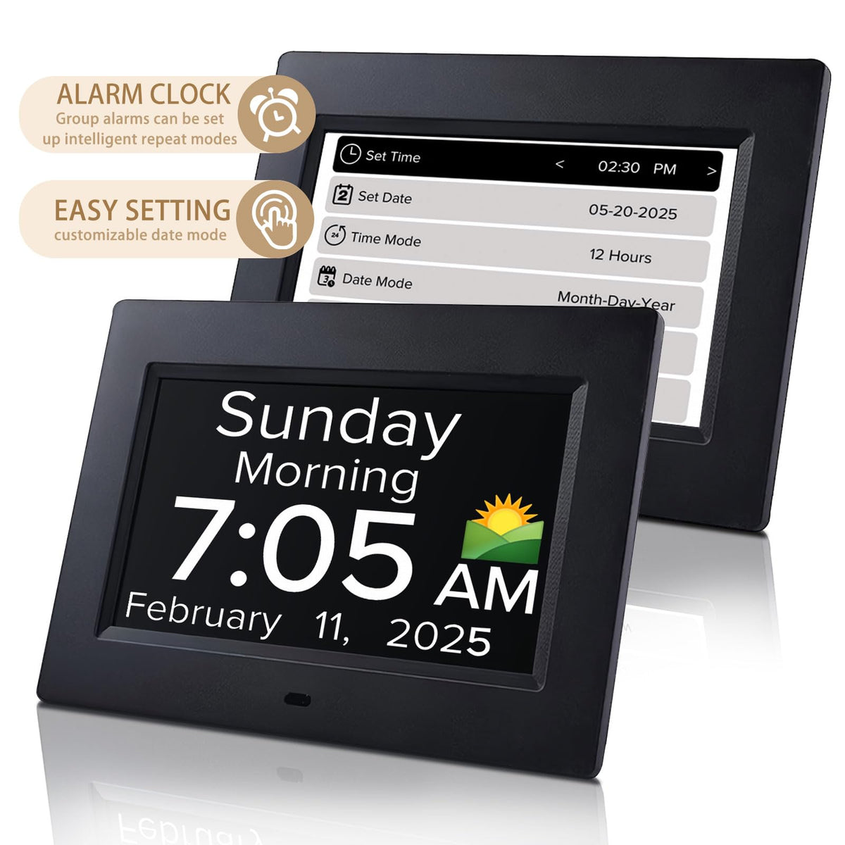 Nimukol digital alarm clock large display emphasizes clear date and week for elderly users.