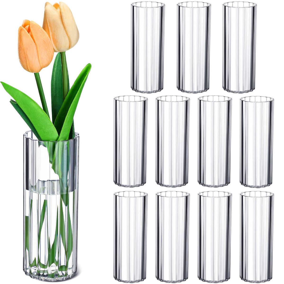 Ninehaoou 12-piece plastic bud vase set in clear ribbed design, ideal for bulk wedding centerpieces.
