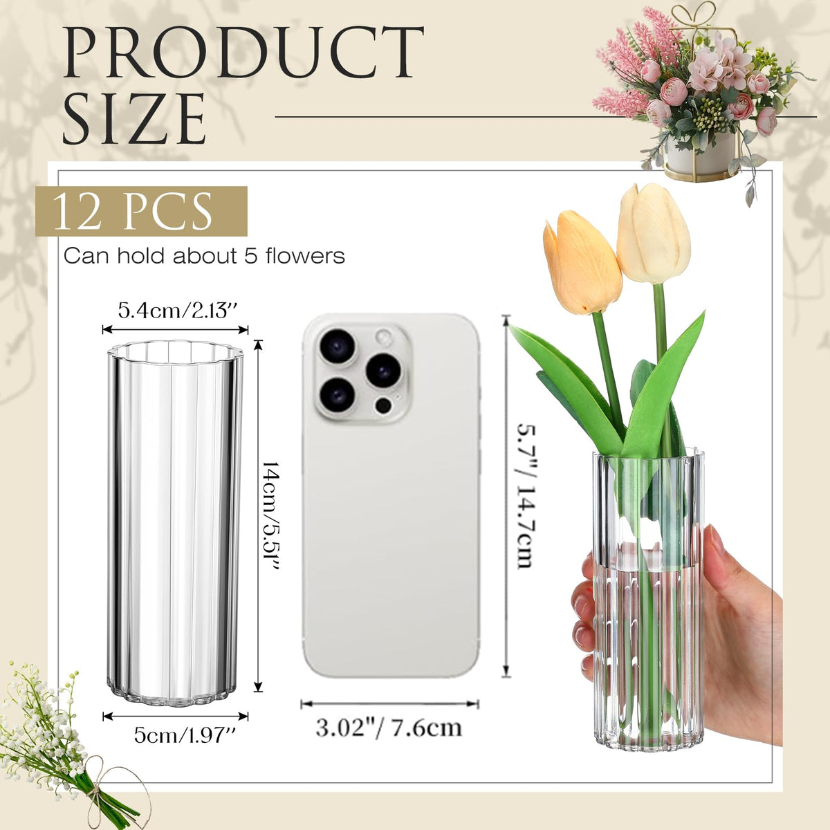 Ninehaoou clear ribbed vase close-up shows sturdy plastic and shimmering transparency.