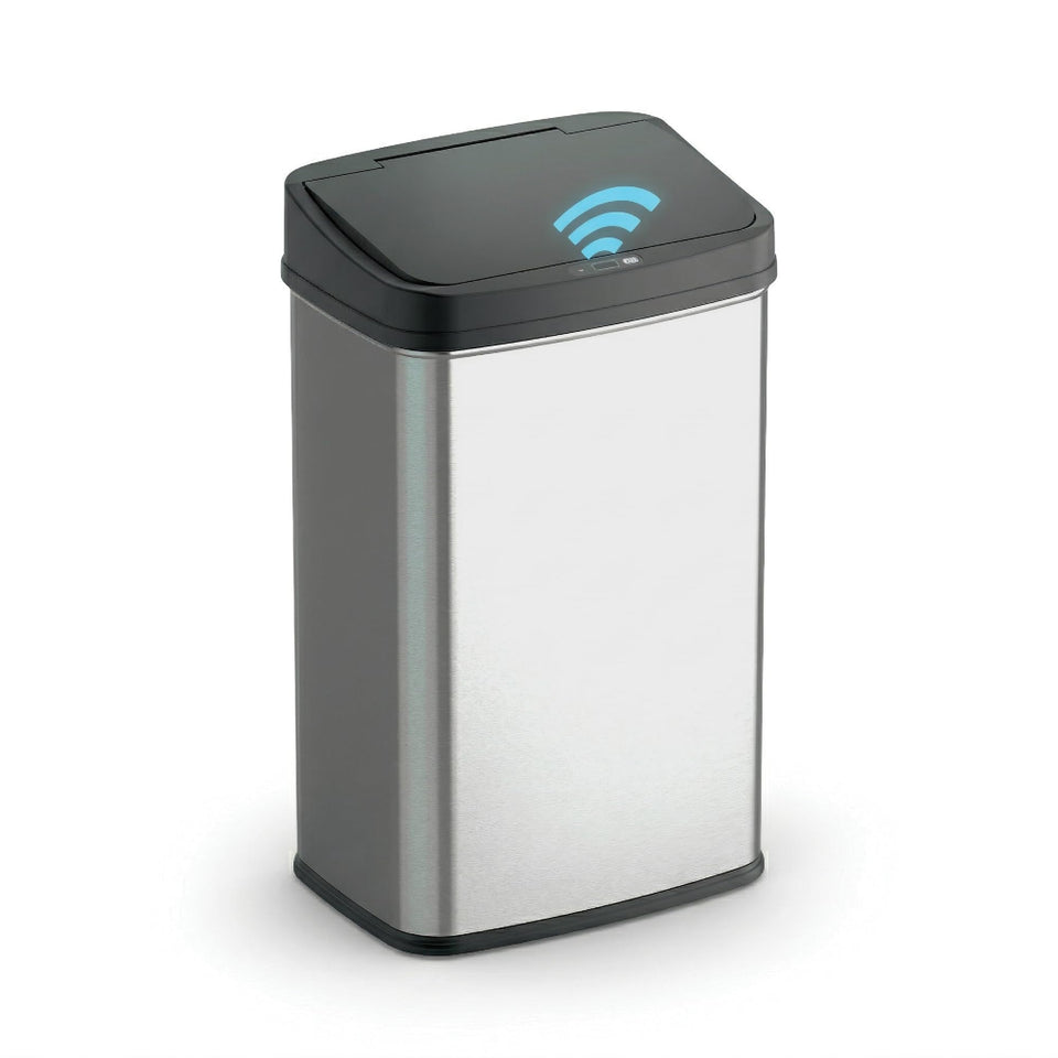 Ninestars 13-gallon rectangular trash can with motion sensor lid for hands-free disposal.
