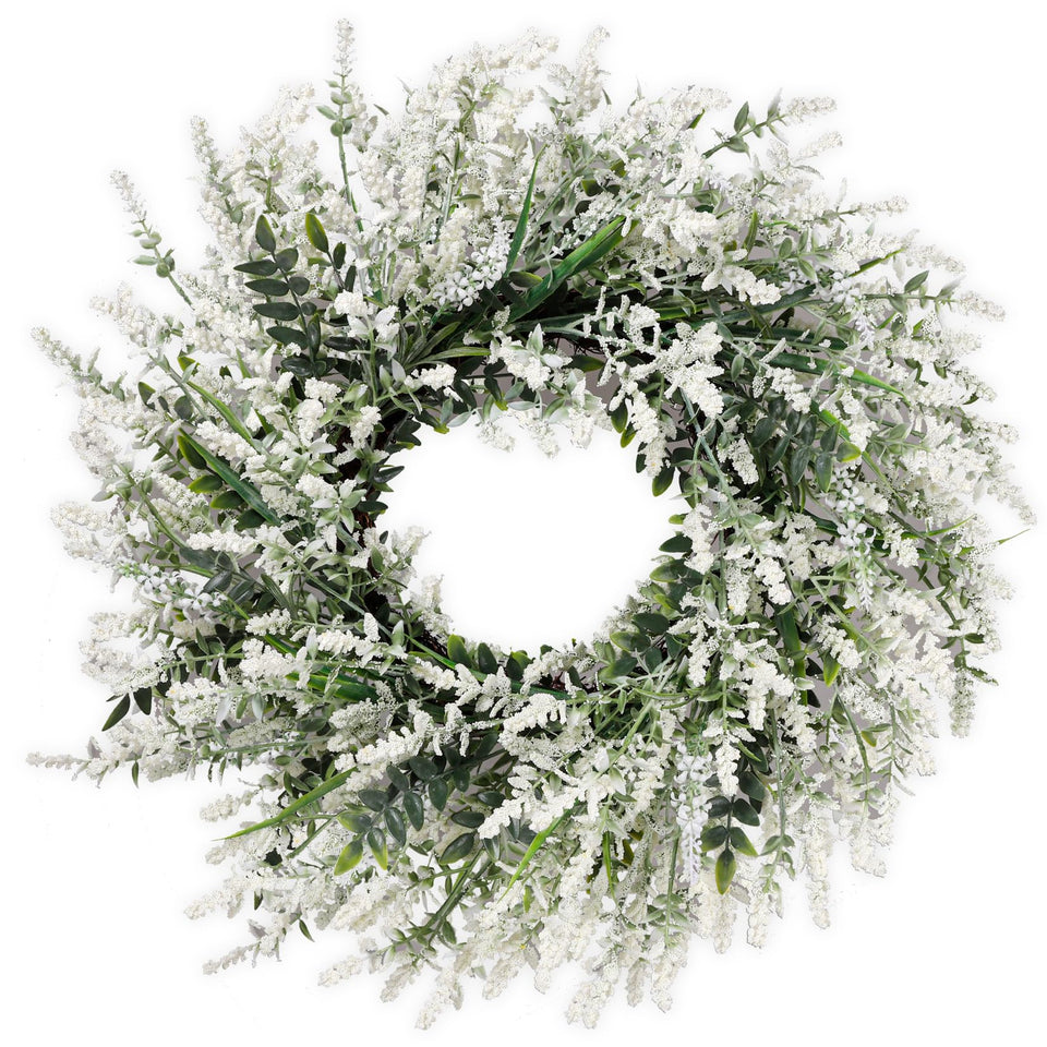 NIOPELO 26-inch lavender and eucalyptus wreath on the front door boosts curb appeal.