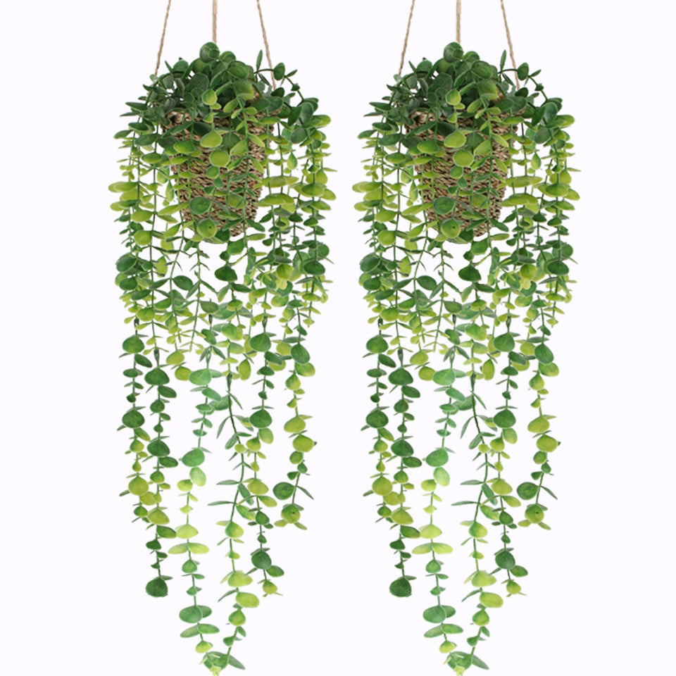 Nisoger artificial hanging plant with woven basket left view adds year-round greenery