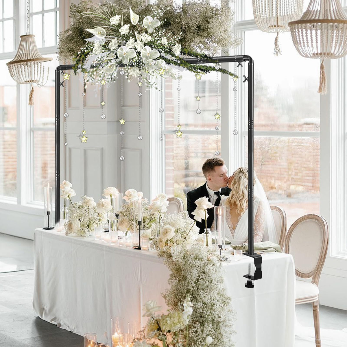 Nisoger black table arch stand shows durable metal construction.