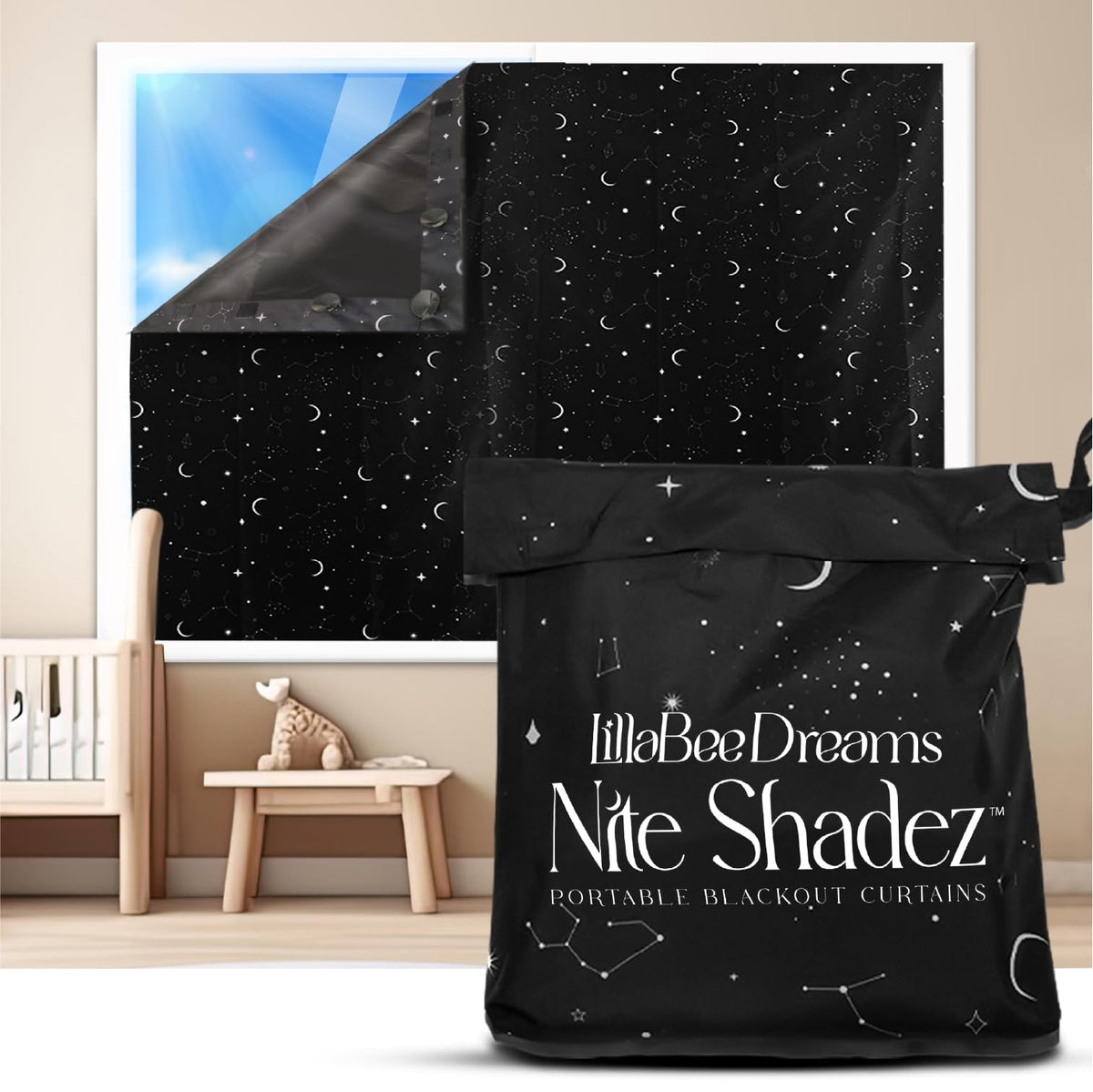 Nite Shadez portable blackout curtains with stars for nursery sleep during daytime naps.