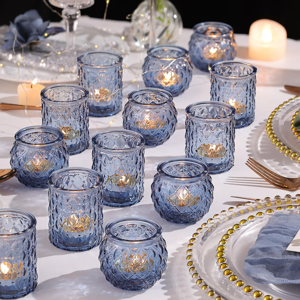 NITIME blue votive candle holder with diamond lattice casts intricate, romantic light.