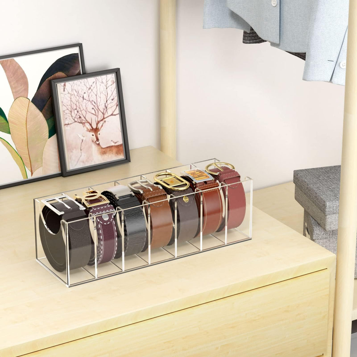 NIUBEE belt holder accommodates large buckle belts for tidy closet organization.