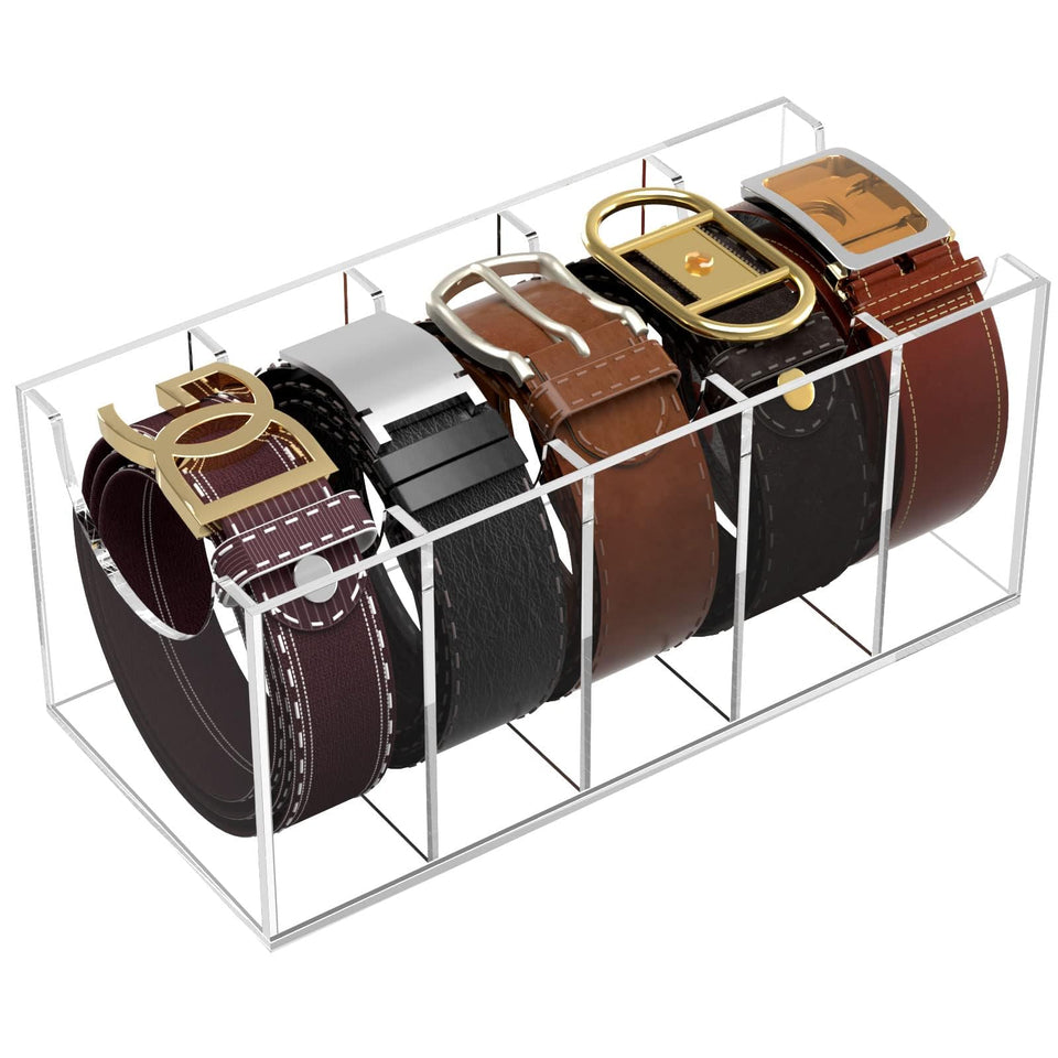 NIUBEE belt organizer with five compartments keeping belts neatly displayed and accessible.