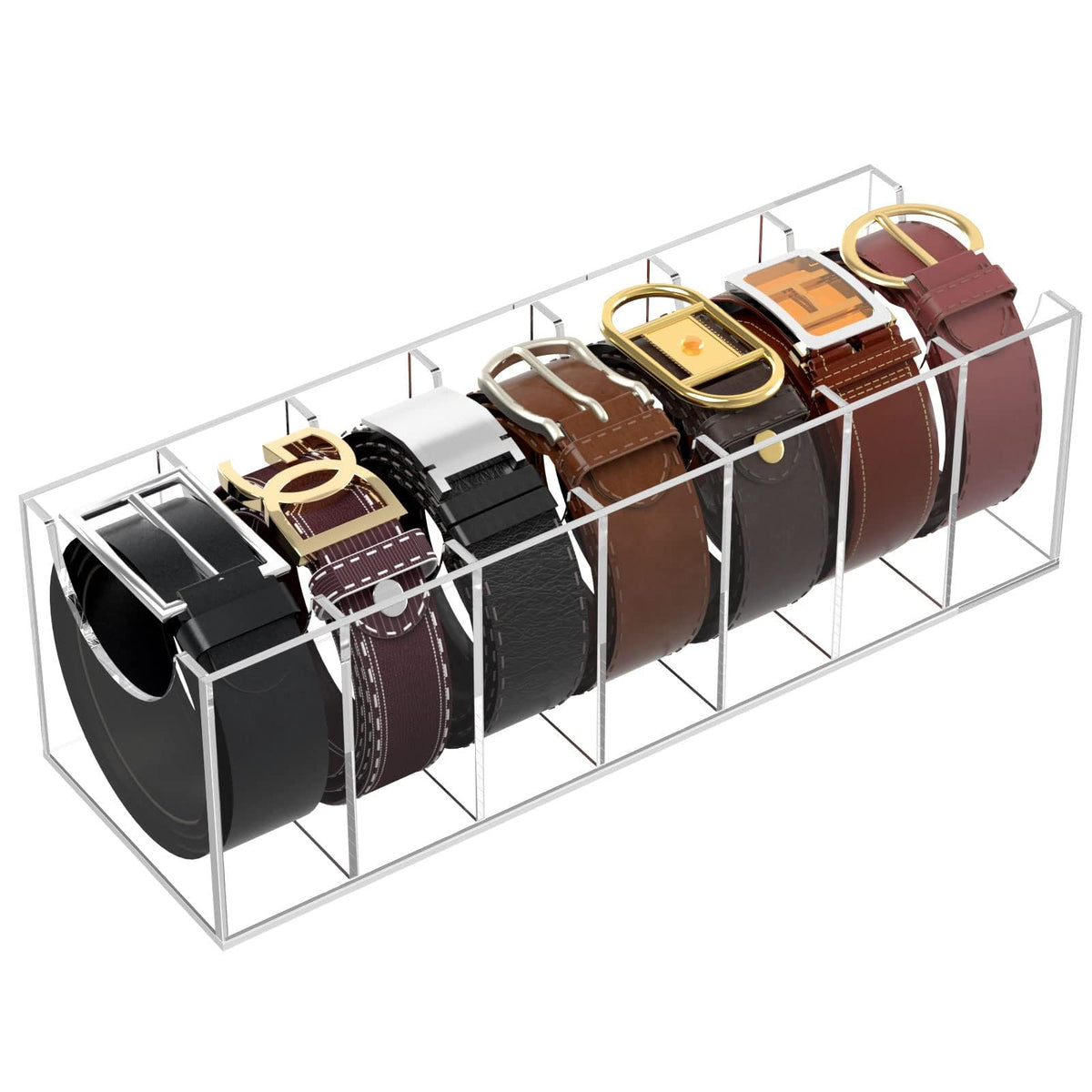 NIUBEE belt organizer with seven compartments for neat belt storage.