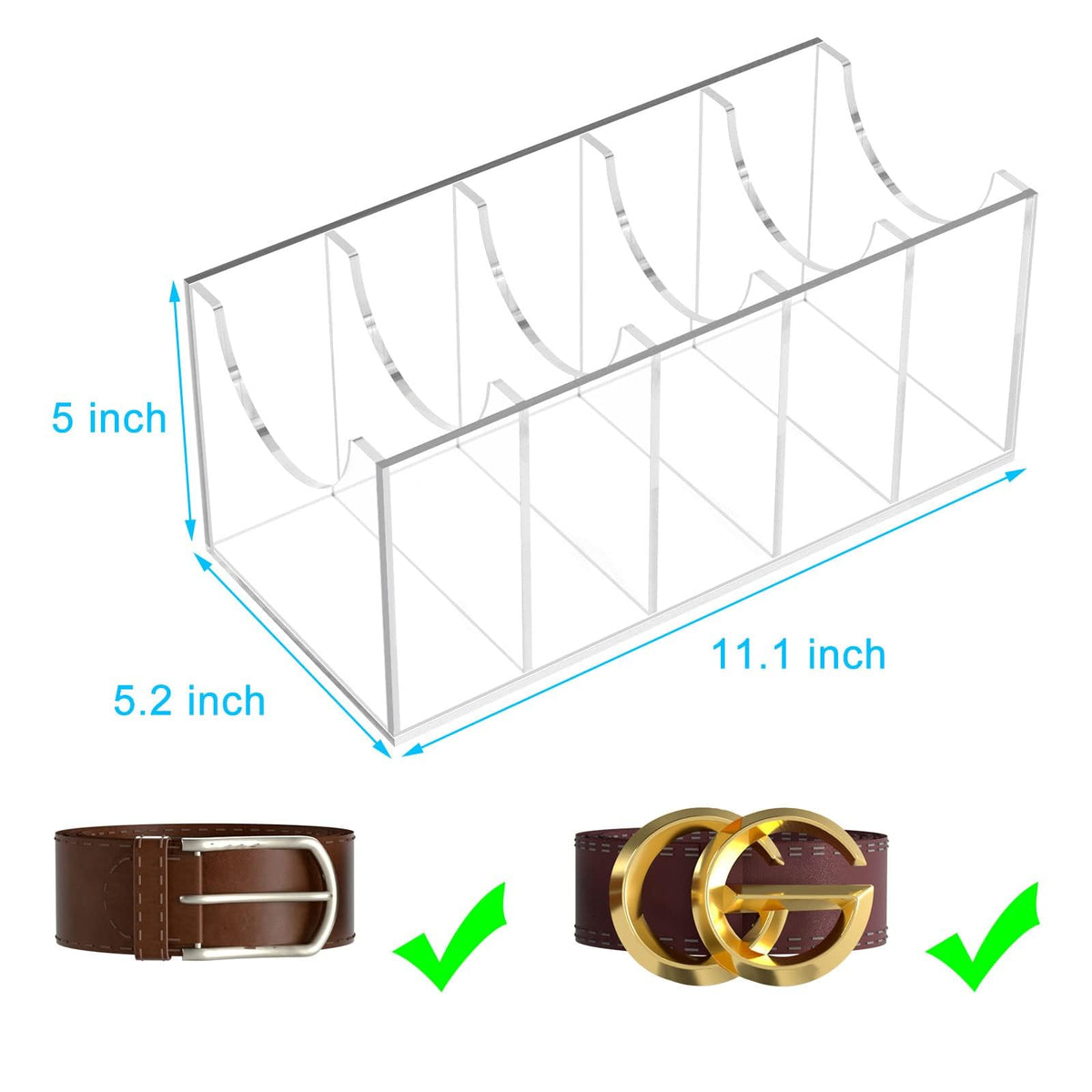 NIUBEE belt storage in a clear acrylic case offers quick visibility of items.