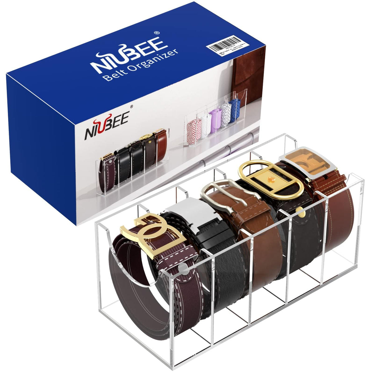 NIUBEE clear display case for belts, ties, and bow ties in one place.