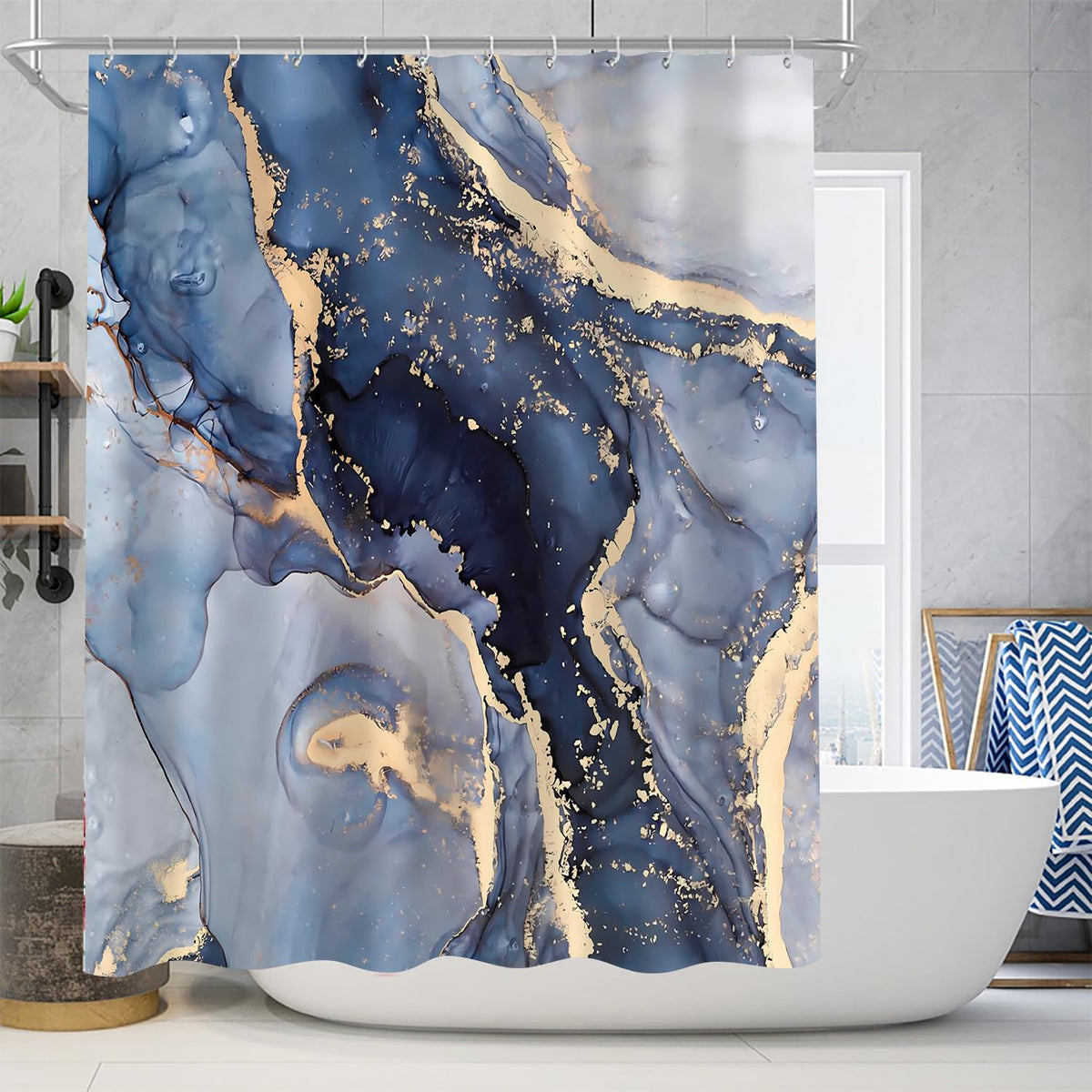 Nkzply blue marble curtain drape shows vibrant, fade-resistant pattern.