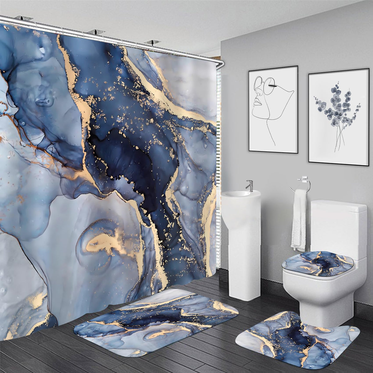Nkzply blue marble shower curtain close-up shows waterproof fabric for quick drying.