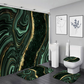 Nkzply green marble shower curtain hanging in a bright bathroom for a modern look.