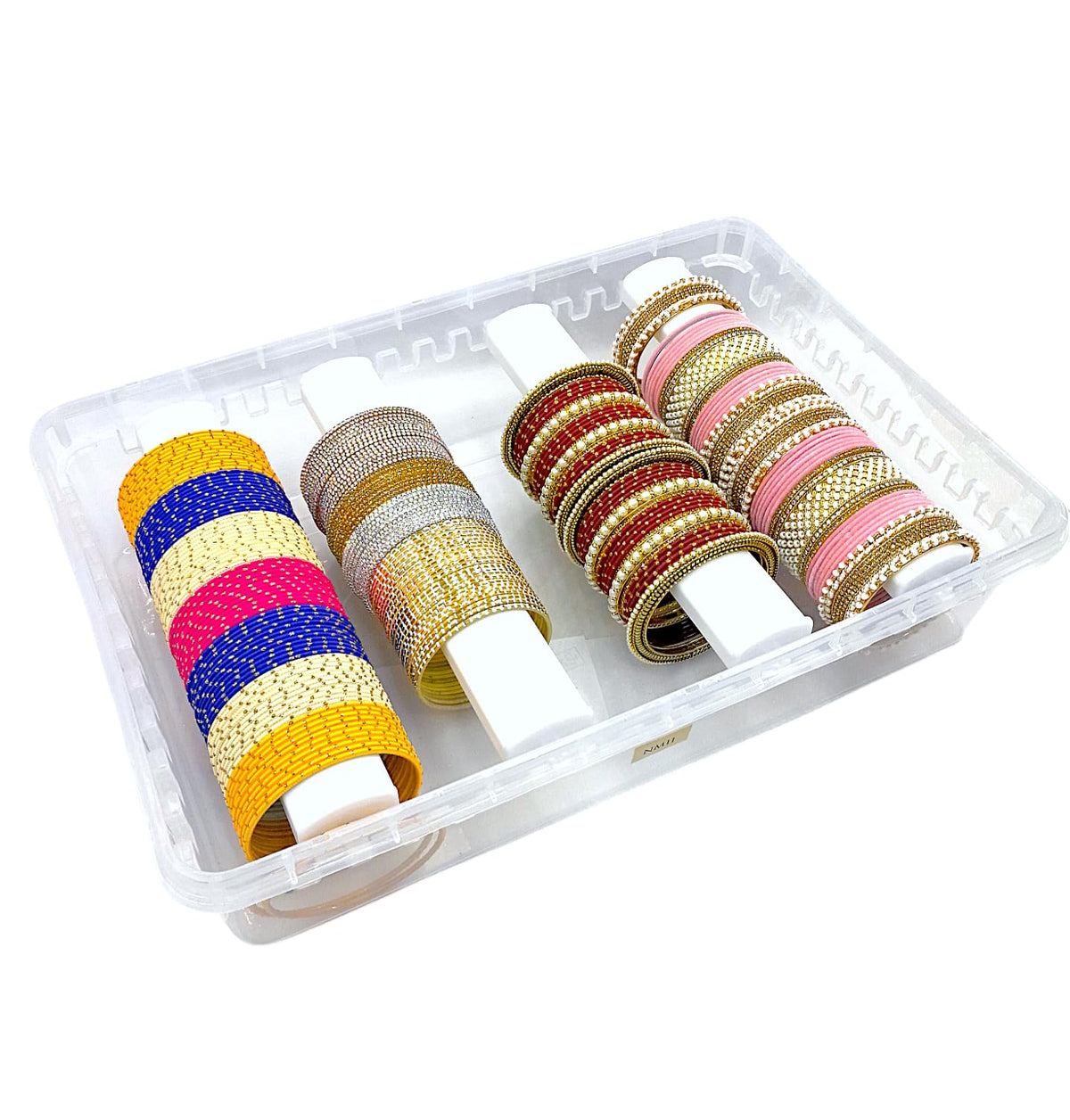 NMII 4-rod bangle storage box with four adjustable rods keeps pieces organized.