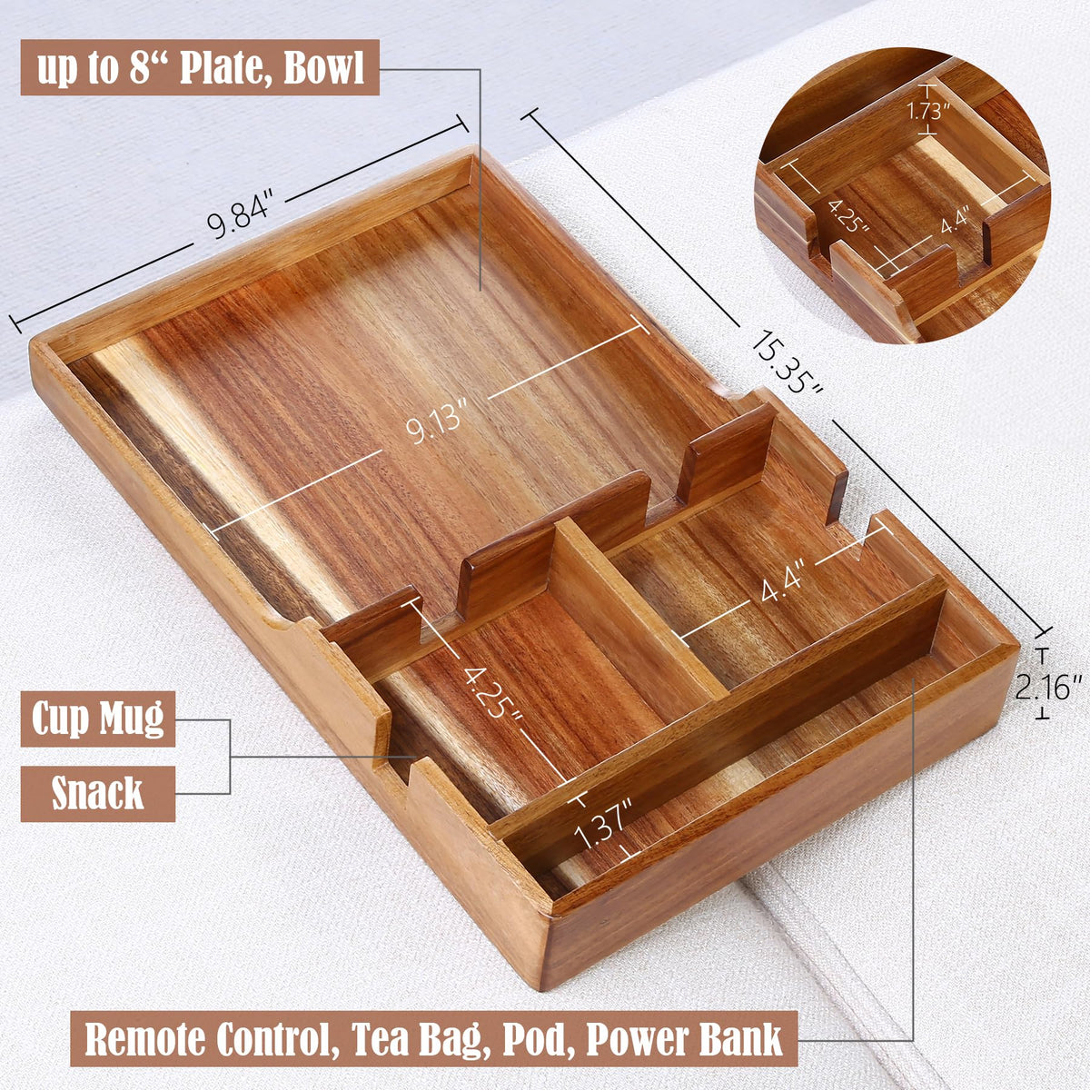 Nnewvante four-compartments tray organizes remotes and snacks neatly.