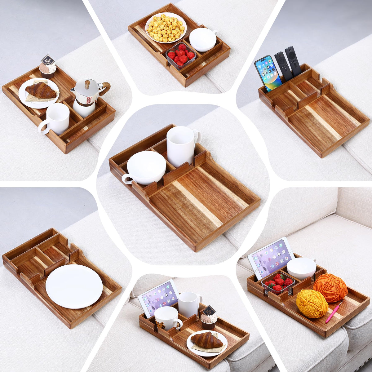 Nnewvante acacia wood couch tray closeup highlights natural grain and durability.