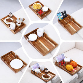 Nnewvante acacia wood couch tray closeup highlights natural grain and durability.
