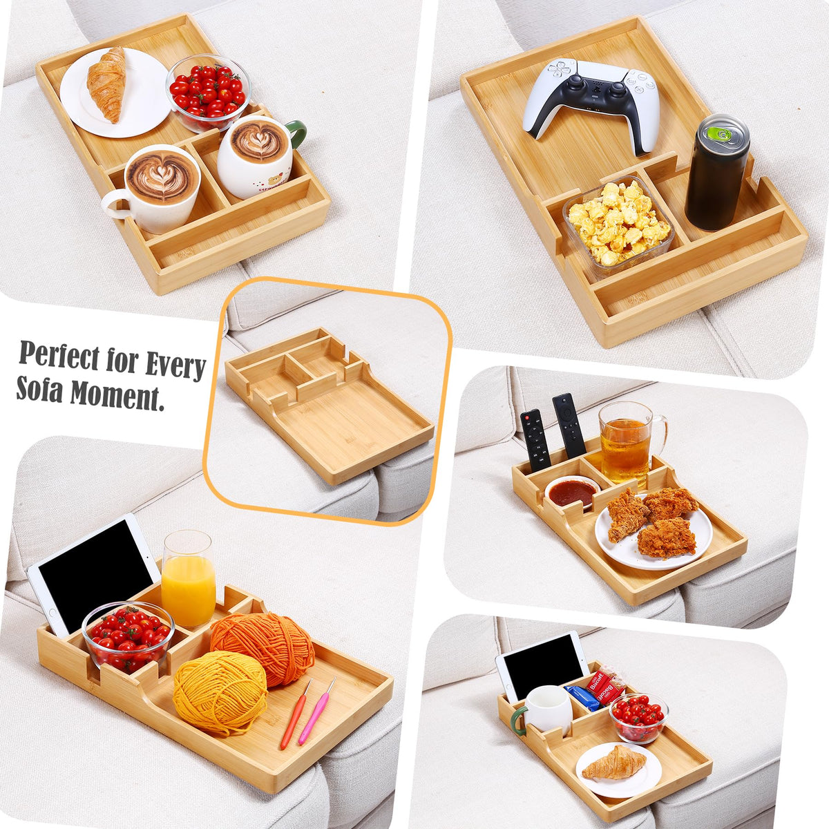 Nnewvante Couch Tray with four compartments for organization.
