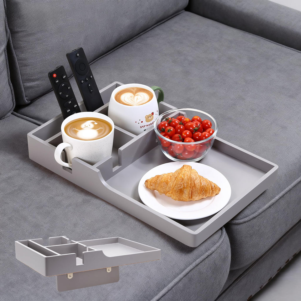 Nnewvante couch tray shown inserted between cushions keeps snacks steady.