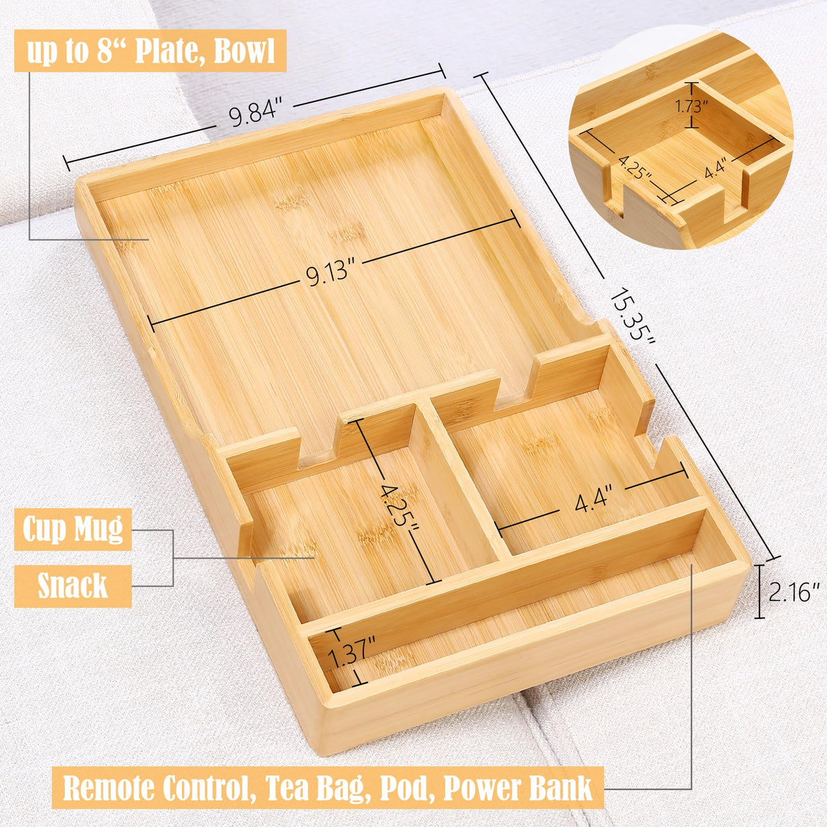 Nnewvante Couch Tray holds plates up to eight inches.