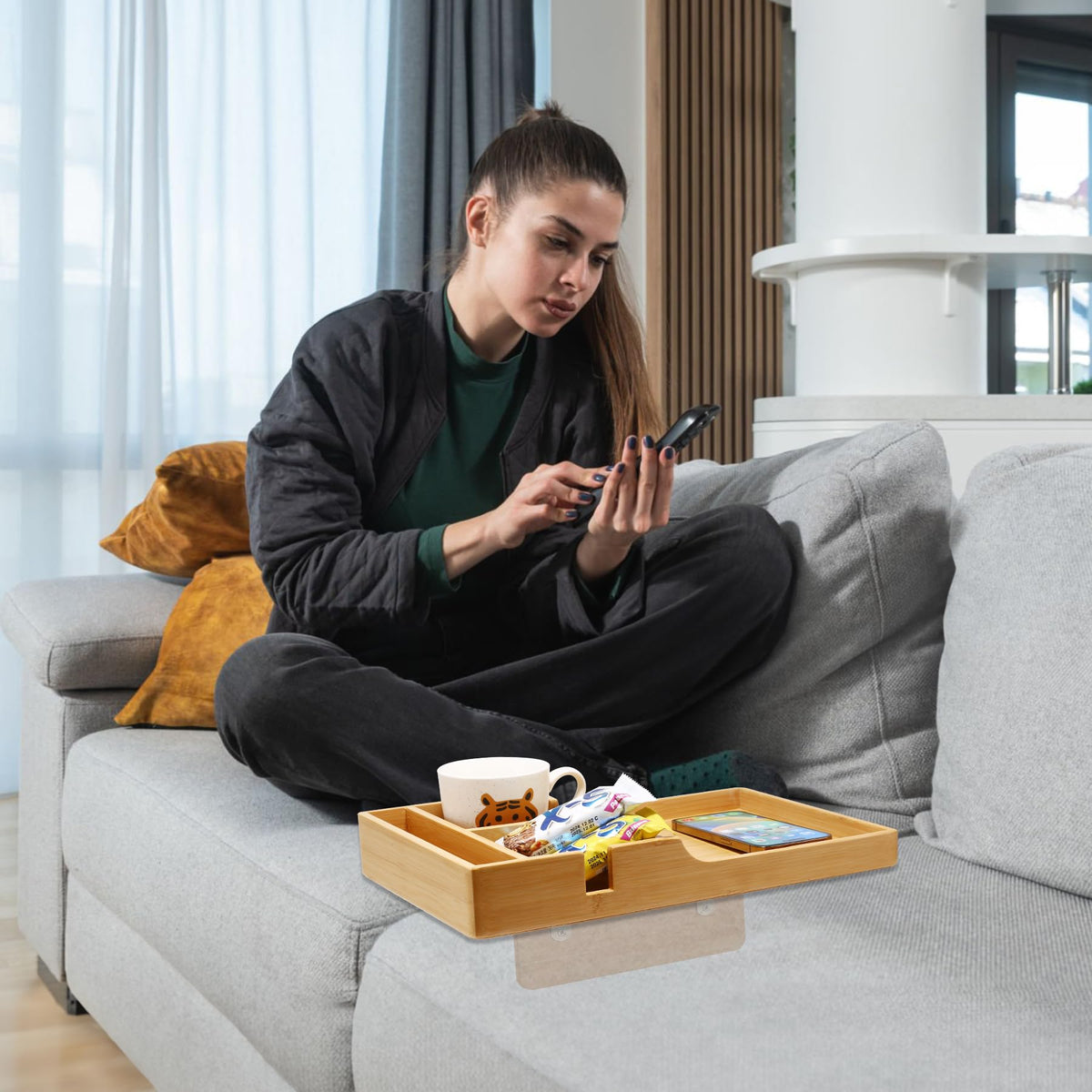 Nnewvante Couch Tray white finish adds brightness.
