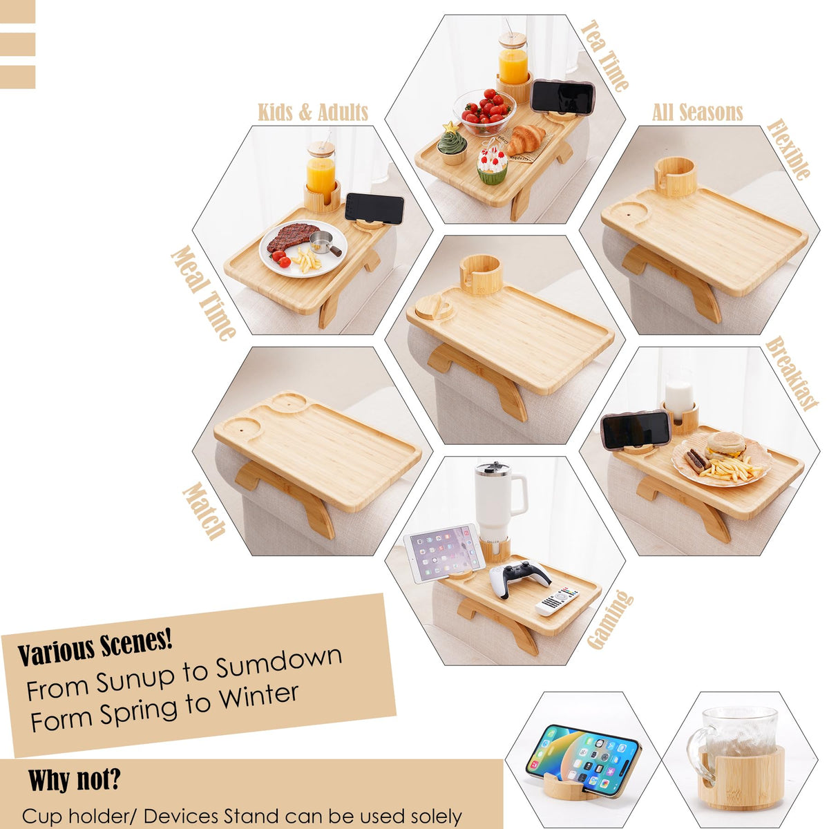 Nnewvante spring-load arm clip keeps tray secure on sofa arms.