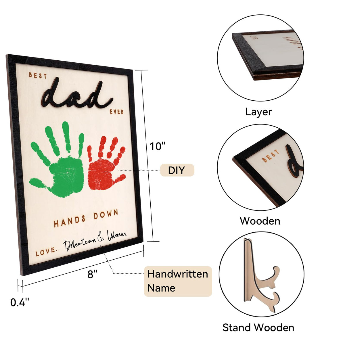 Nnyoggsto Dad gift for Fathers Day wooden frame pairs with child handprints and names.
