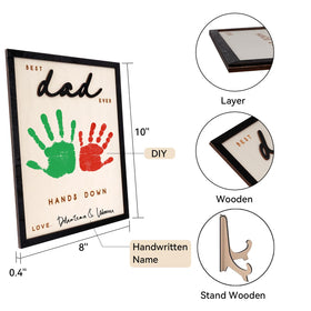 Nnyoggsto Dad gift for Fathers Day wooden frame pairs with child handprints and names.