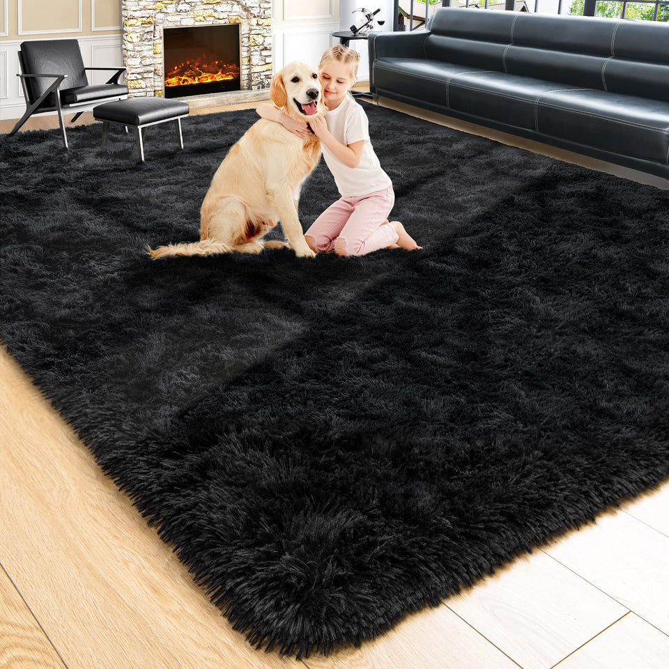 Noahas fluffy black 5x7 rug — front view of plush texture for cozy rooms.