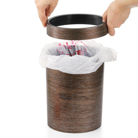 Noamus wood-grain trash bin side view, adds rustic style to any room.