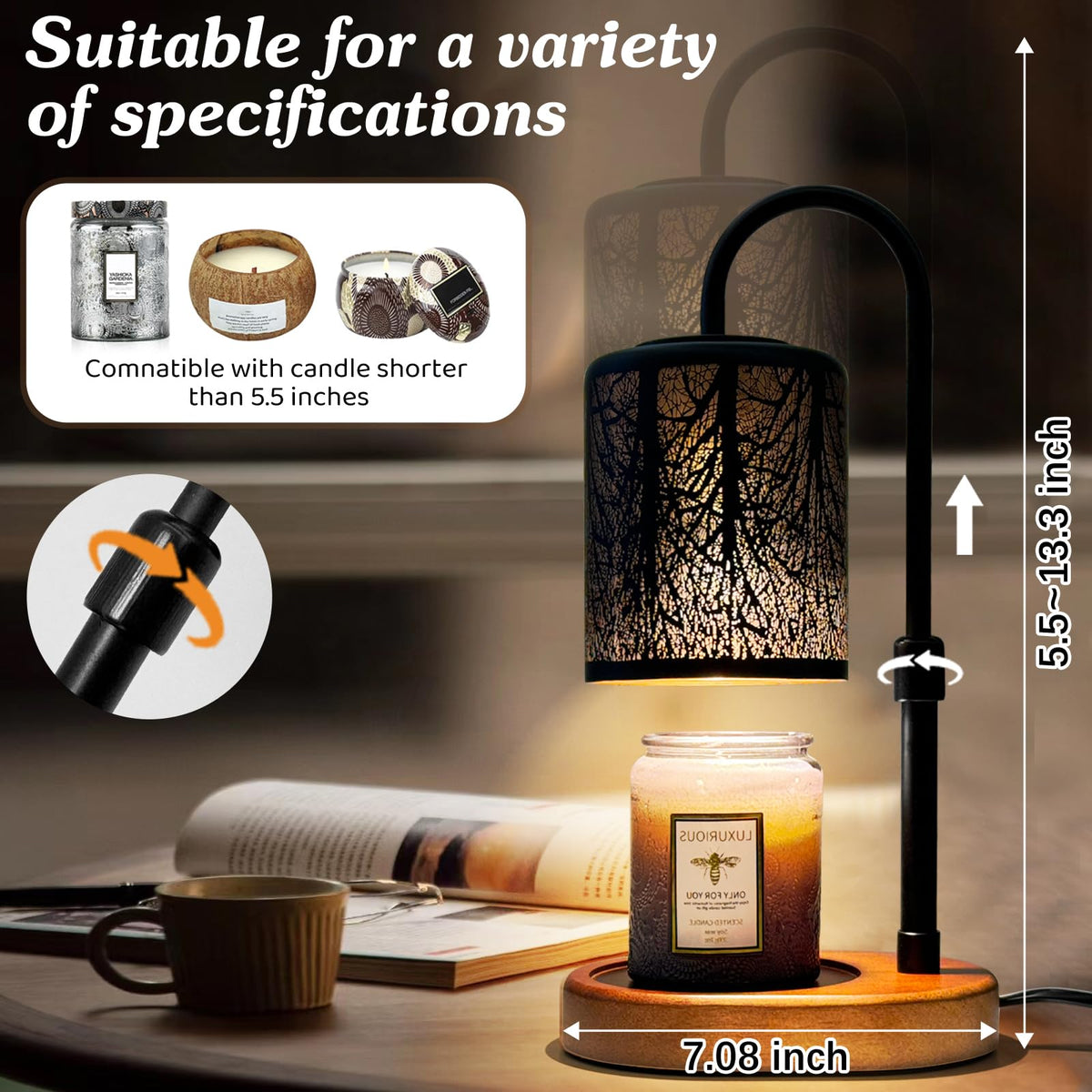 NoavJax candle warmer adjustable height demonstrates versatile candle fit and stable placement