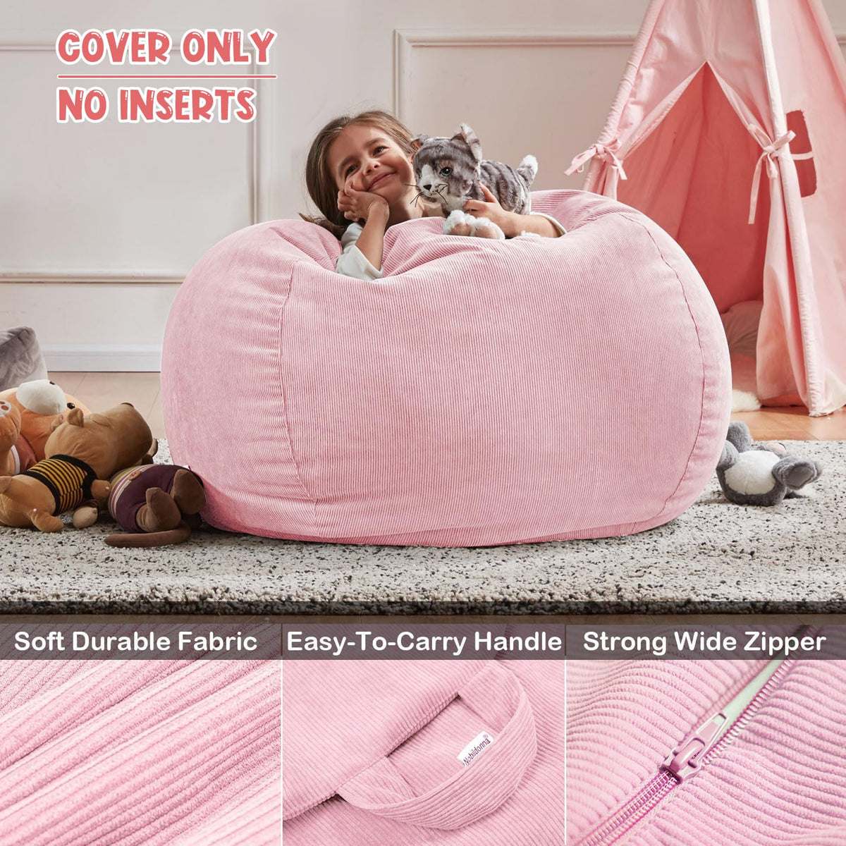 Nobildonna pink corduroy bean bag cover dimensions illustrate ample seating space