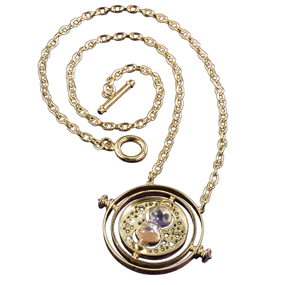 Noble Collection Hermione's Time Turner close-up showing 24k gold plating for display.