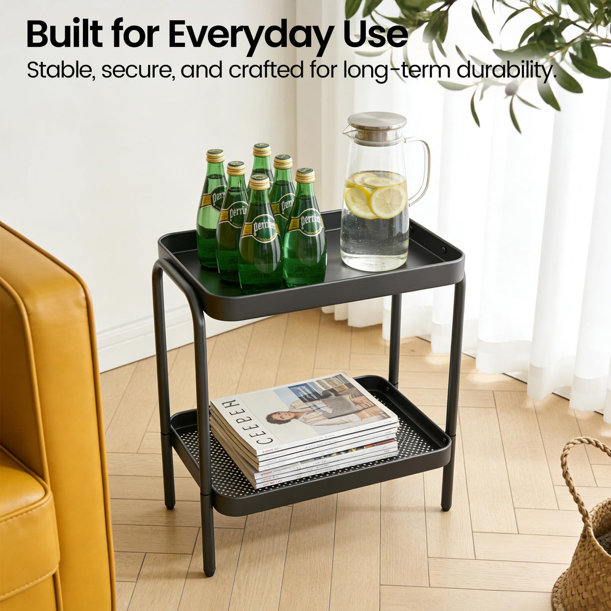 NobleForm narrow end table used as bedside nightstand in bedroom.