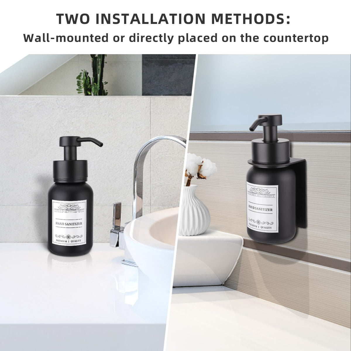 Sleek black design matches modern bathroom or kitchen decor.
