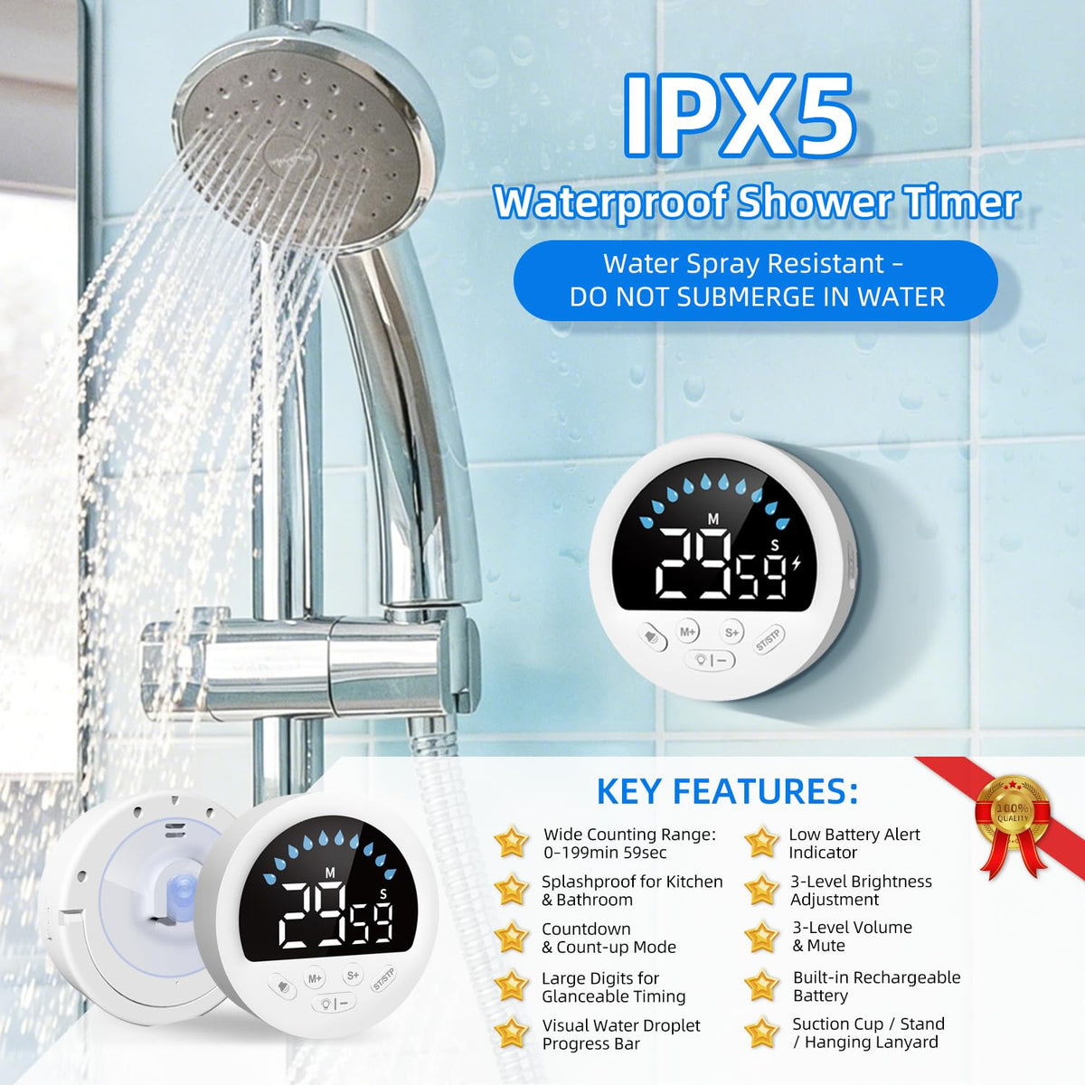 NOKLEAD digital timer showing countdown and count-up modes for versatile timing in kitchen and bath.