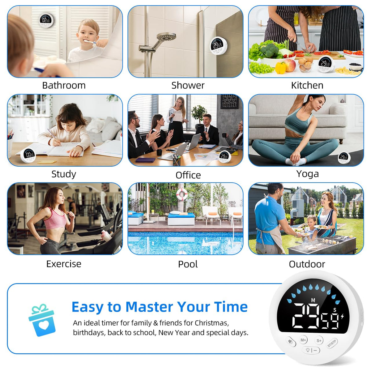 NOKLEAD timer supports multiple surface placements on bathroom, kitchen, and more.