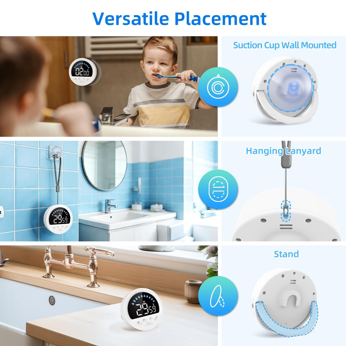 NOKLEAD timer with suction cup, lanyard, and stand for flexible placement.