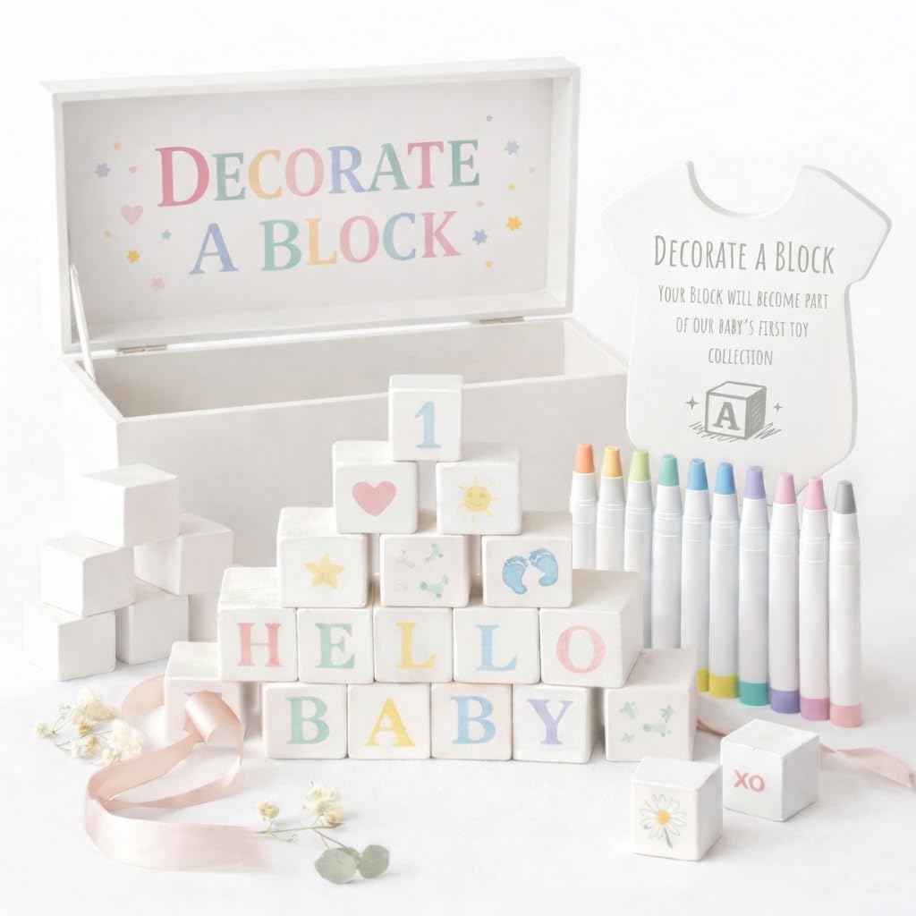 Nolia Baby Shower Blocks decorating game on table for guests to personalize