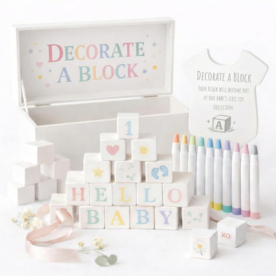 Nolia Baby Shower Blocks decorating game on table for guests to personalize