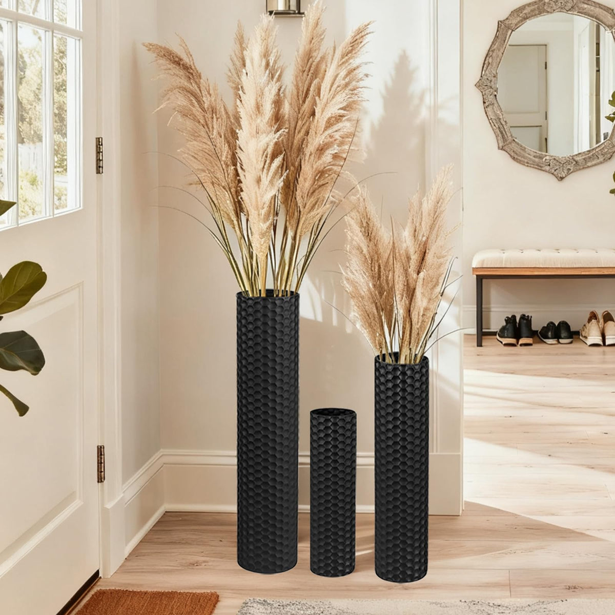 NOLIPED black tall floor vase with honeycomb texture adds modern style