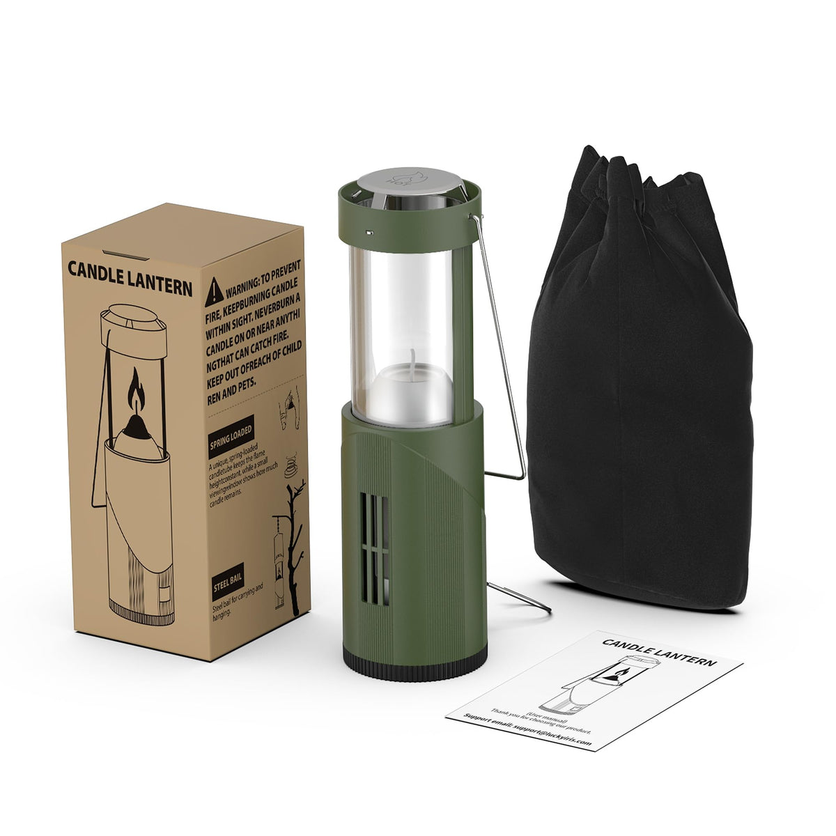 NOMFIX packaged contents show the lantern, candle, bag, and manual.