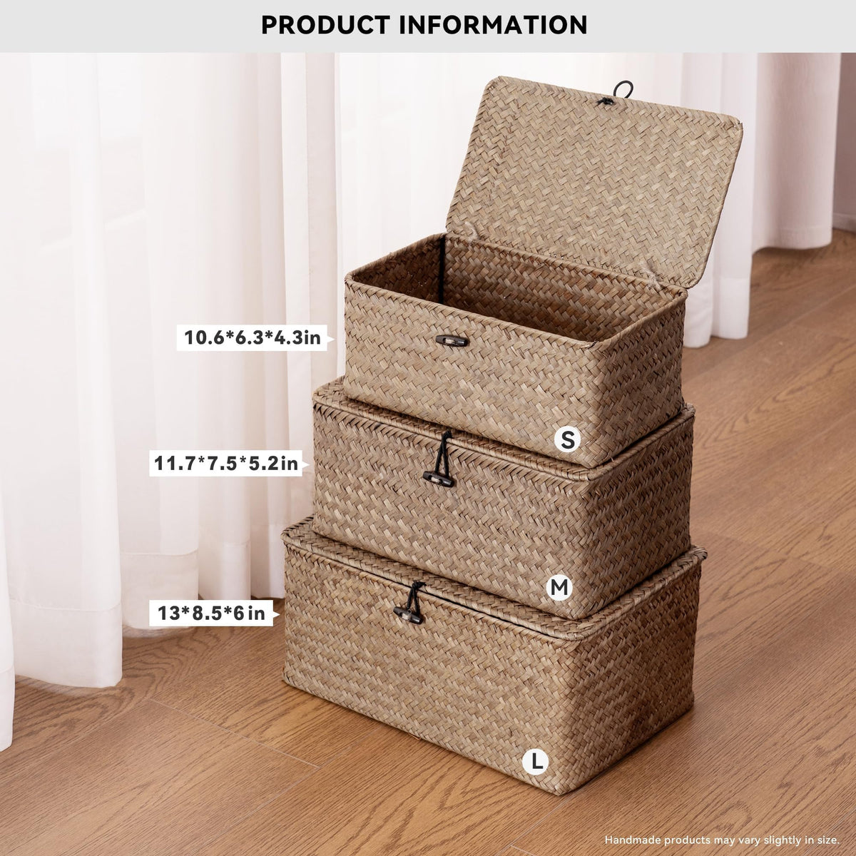 Nonam rectangular XXL seagrass basket with lid for practical storage.