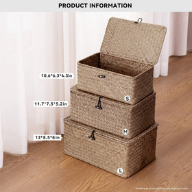 Nonam rectangular XXL seagrass basket with lid for practical storage.