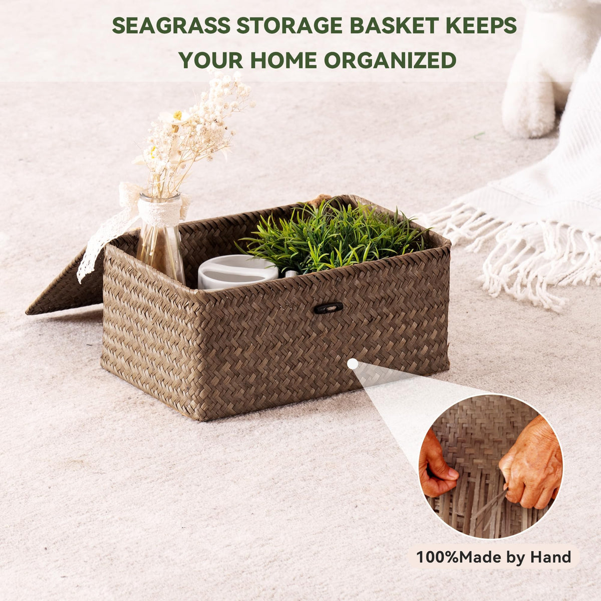 Nonam seagrass basket M size with lid, versatile for cosmetics and clutter.