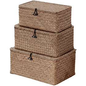 Nonam seagrass storage baskets with lid, rectangular XXL, organized shelves.